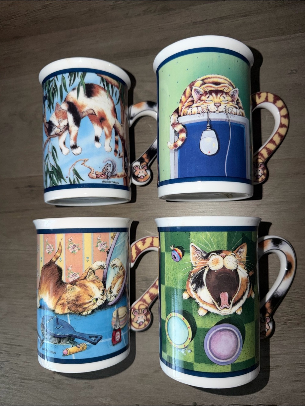 VTG Danbury Mint Gary Patterson Comic Cat Porcelain Mugs Set of 4 Tail Handles